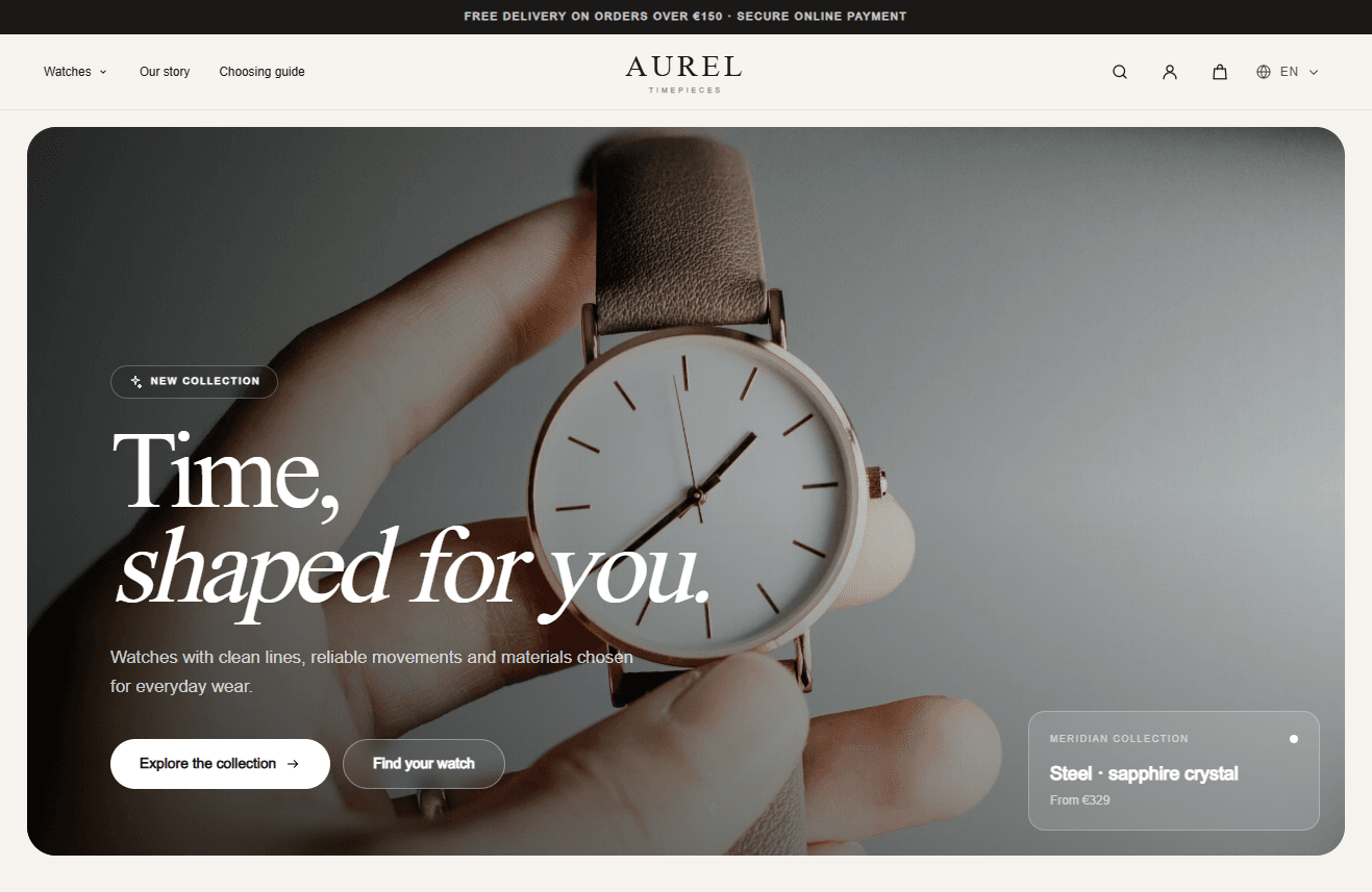 Homepage of the Aurel Timepieces e-commerce website featuring a watch collection and product discovery calls to action.
