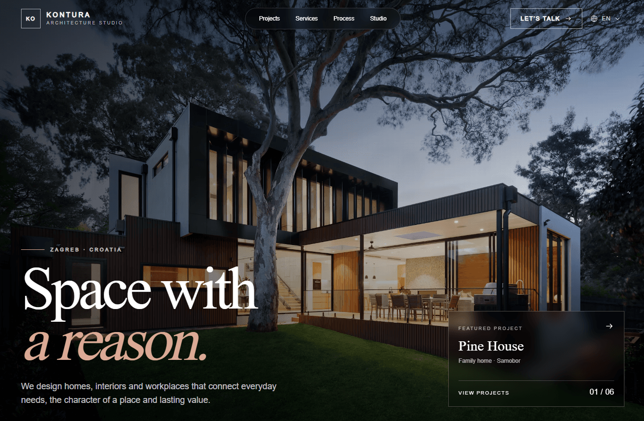 Homepage of the Kontura Architecture Studio website featuring a modern residential project at dusk.