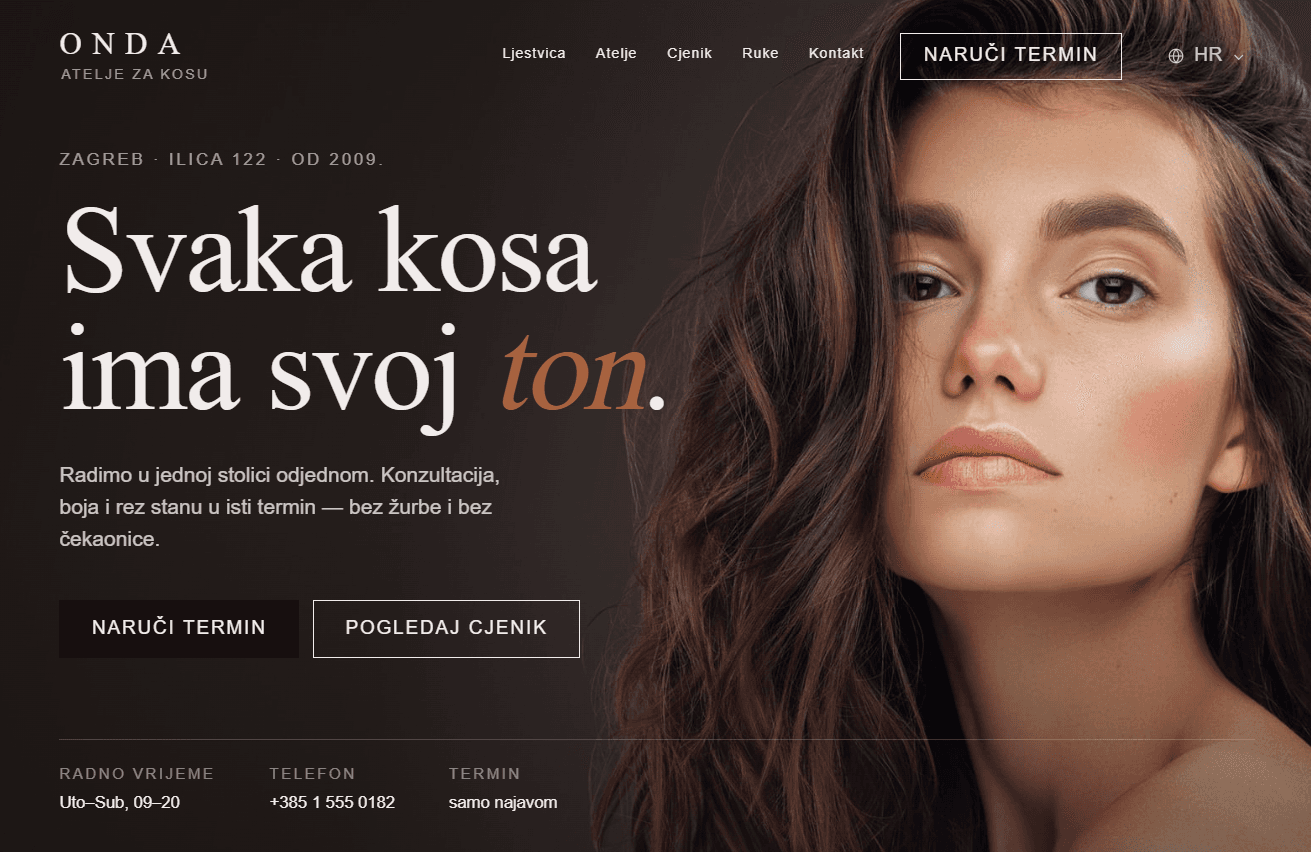 Homepage of the Onda Hair Atelier website with an editorial salon layout and appointment call to action.