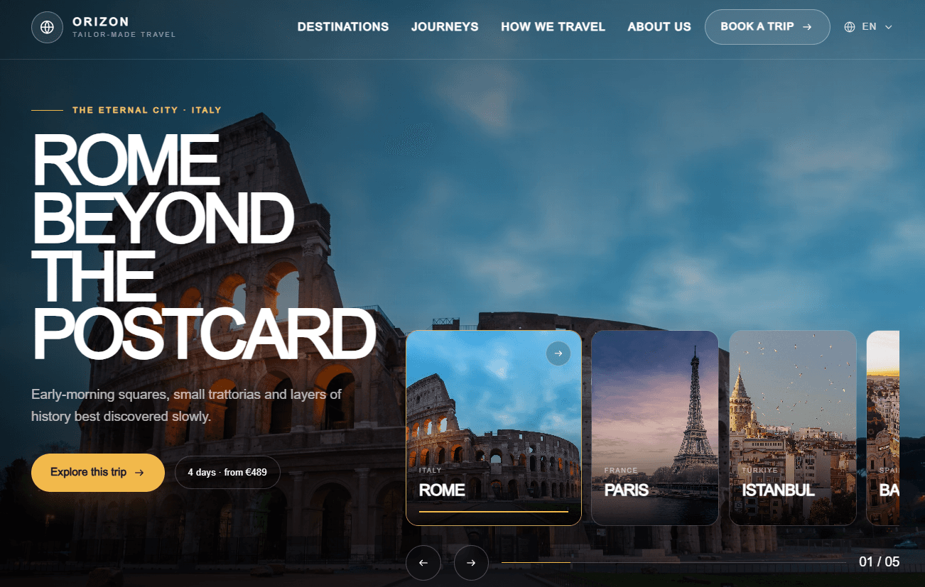 Homepage of the Orizon Travel website featuring Rome and a destination card carousel.