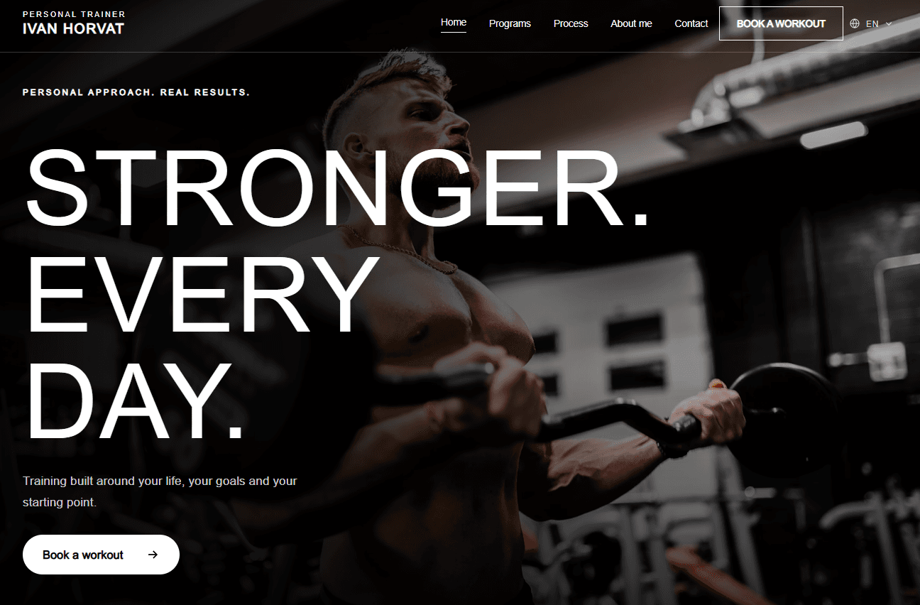 Homepage of a personal trainer website with a monochrome gym image and prominent workout booking call to action.