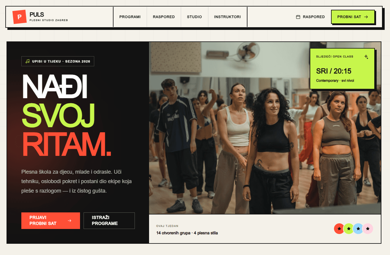 Homepage of the Puls Dance Studio website with class information, schedules and a trial lesson call to action.